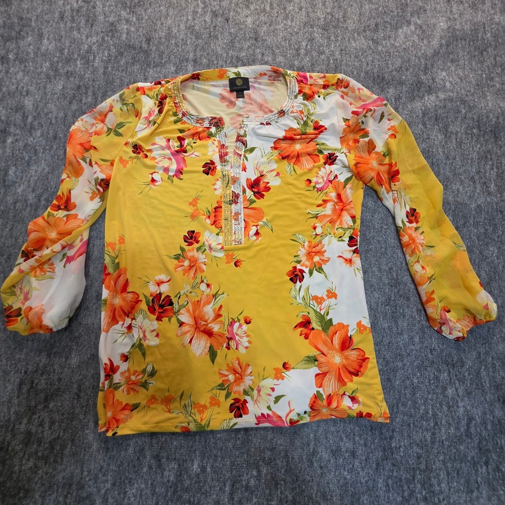 JM Collection Womens Yellow Floral Rhinestone Split Neck Tunic Blouse Large